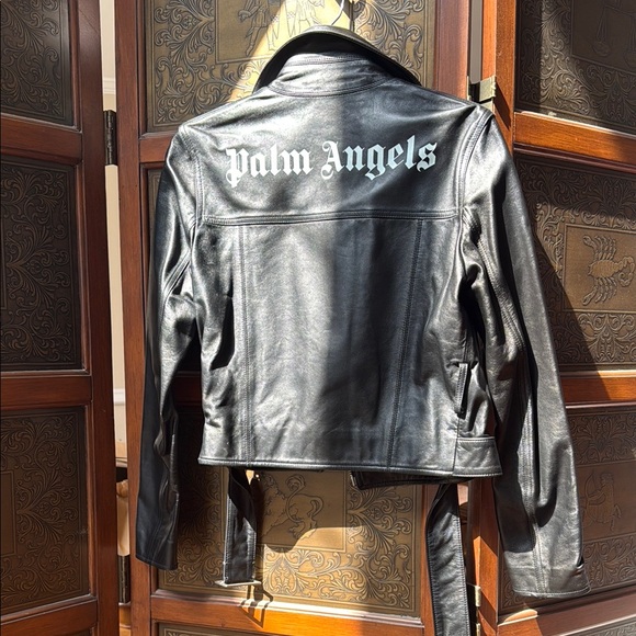 Palm Angels Logo Print Leather Belted Biker Jacket - Picture 4 of 12